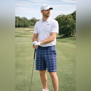 Nike Navy and White Plaid Flat-Front Shorts